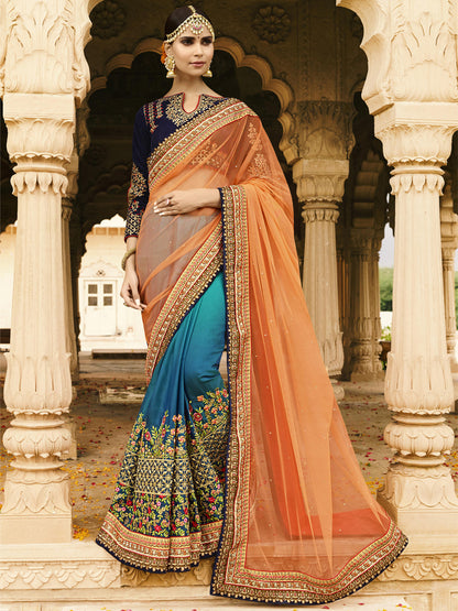 Silk Wedding Saree with Embroidered Border in Orange and Blue color-81166