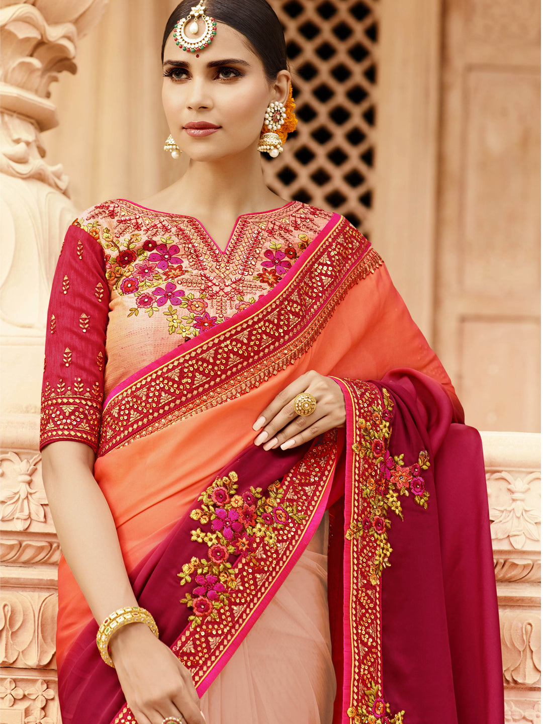 Silk Wedding Saree with Embroidered Border in Pink and Red color-81167