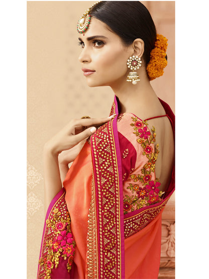 Silk Wedding Saree with Embroidered Border in Pink and Red color-81167