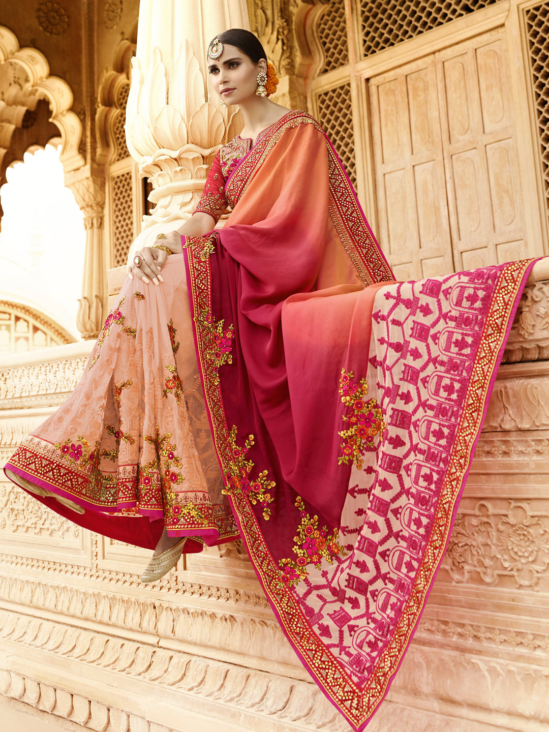 Silk Wedding Saree with Embroidered Border in Pink and Red color-81167