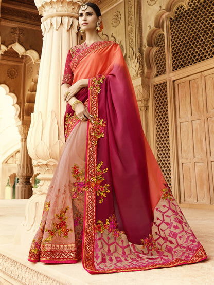 Silk Wedding Saree with Embroidered Border in Pink and Red color-81167