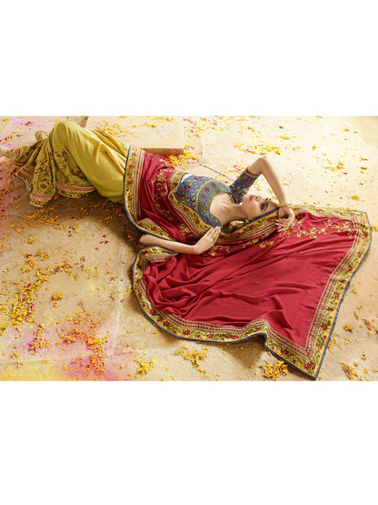 Silk Wedding Saree with Embroidered Border in Red and Lemon Yellow color-81168