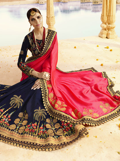 Silk Wedding Saree with Embroidered Border in Pink and Nevy Blue color-81169