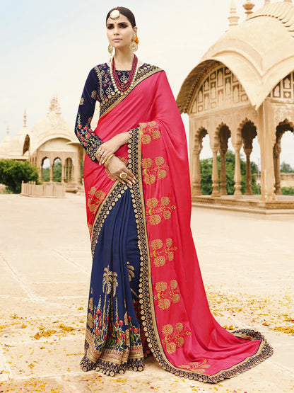 Silk Wedding Saree with Embroidered Border in Pink and Nevy Blue color-81169