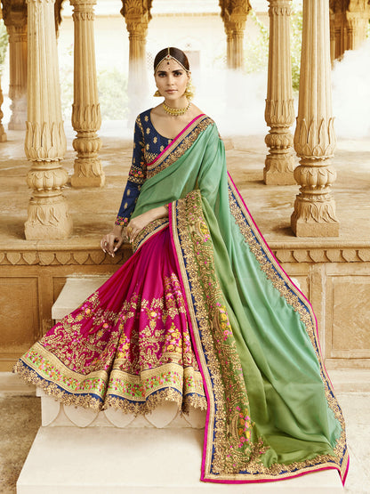 Silk Wedding Saree with Embroidered Border in Green and Rani color-8007