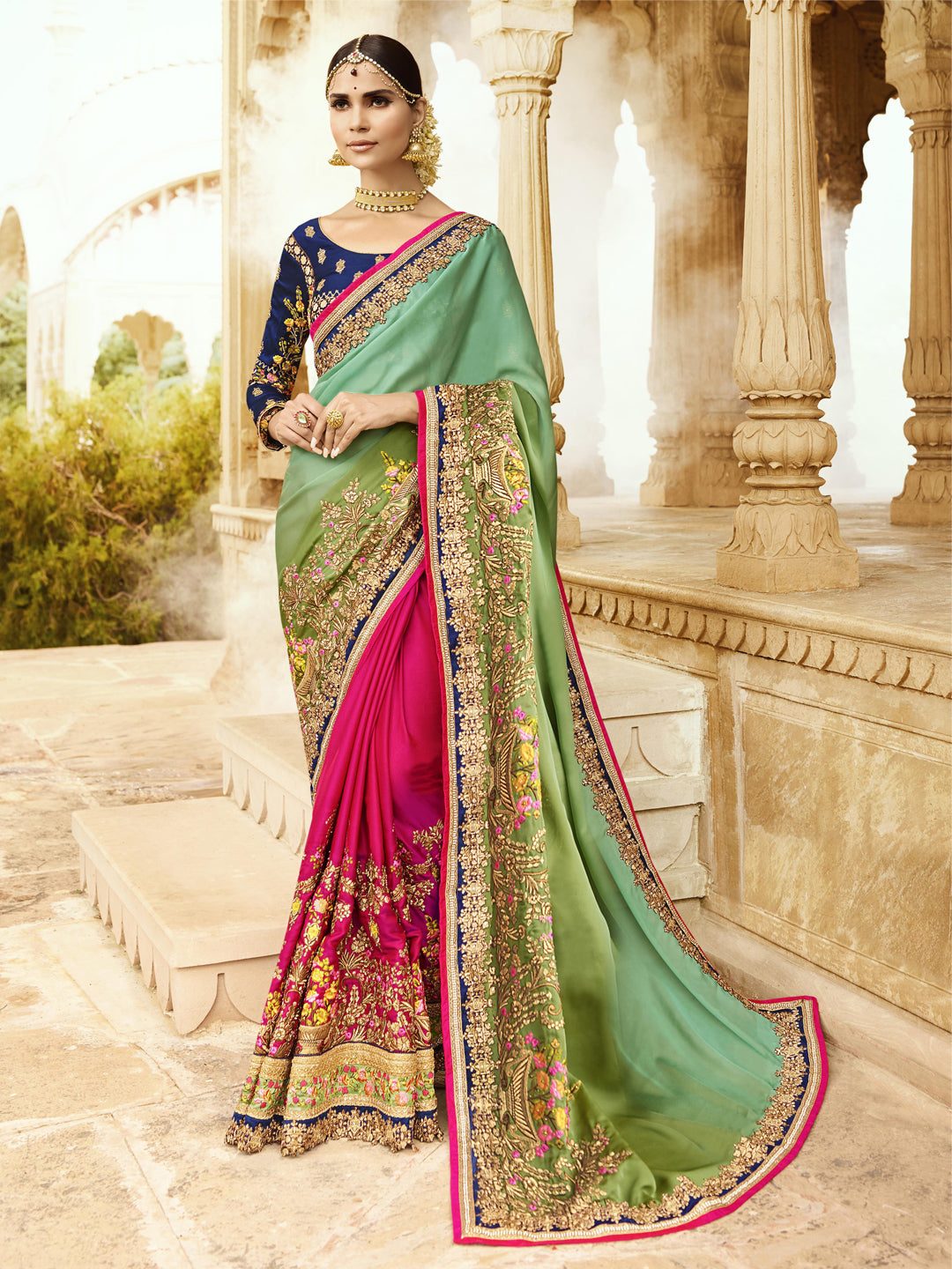 Silk Wedding Saree with Embroidered Border in Green and Rani color-8007