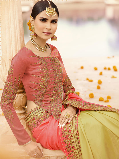 Silk Wedding Saree with Embroidered Border in Pink and Lemon Yellow color-8008