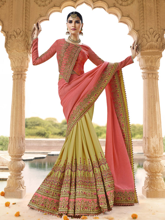 Silk Wedding Saree with Embroidered Border in Pink and Lemon Yellow color-8008