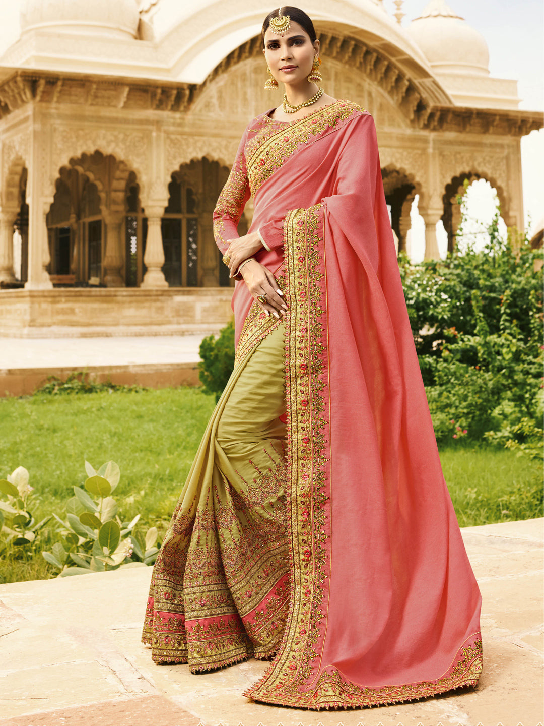 Silk Wedding Saree with Embroidered Border in Pink and Lemon Yellow color-8008