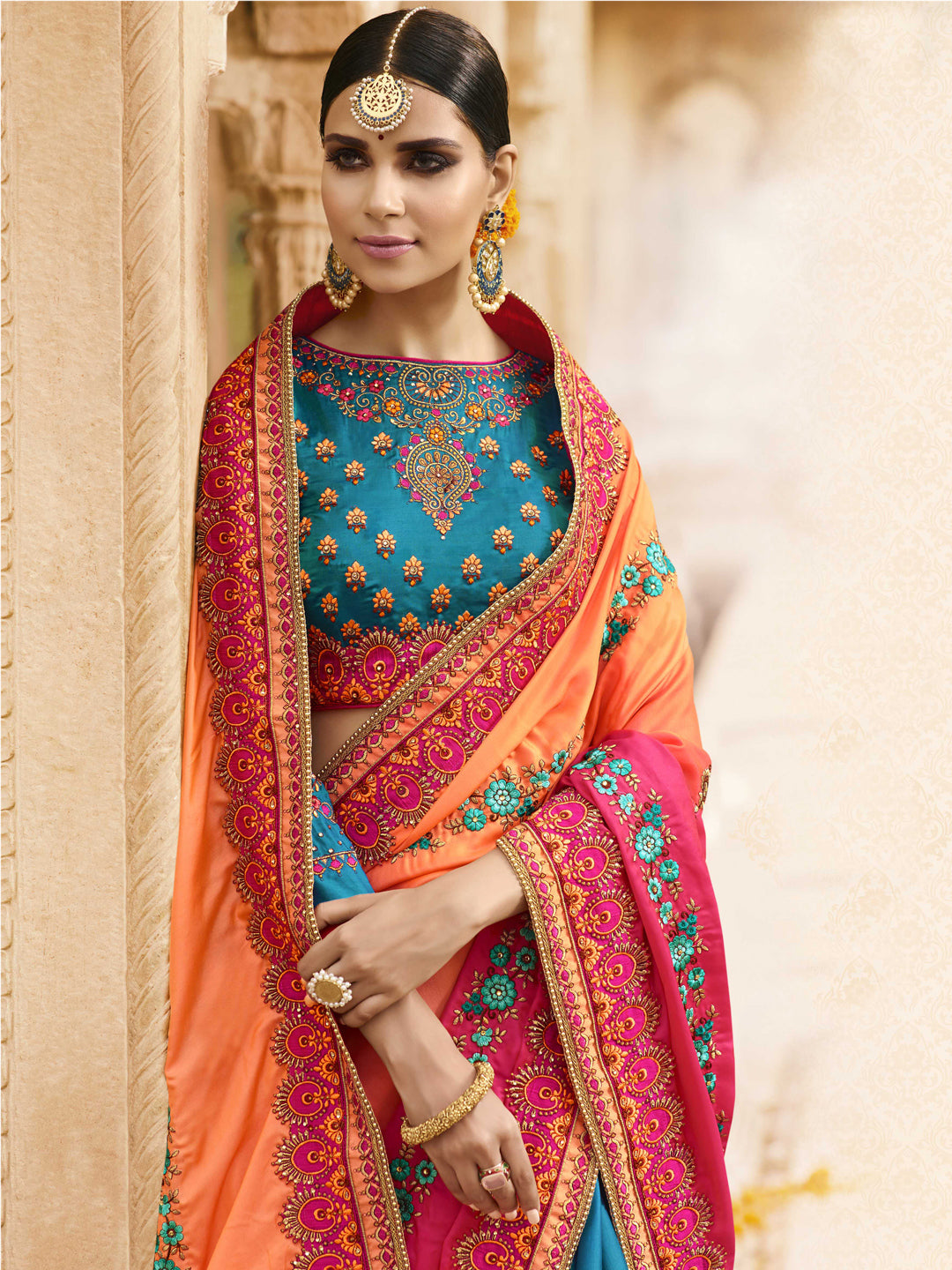 Silk Wedding Saree with Embroidered Border in Pink and Orange Blue color-81841