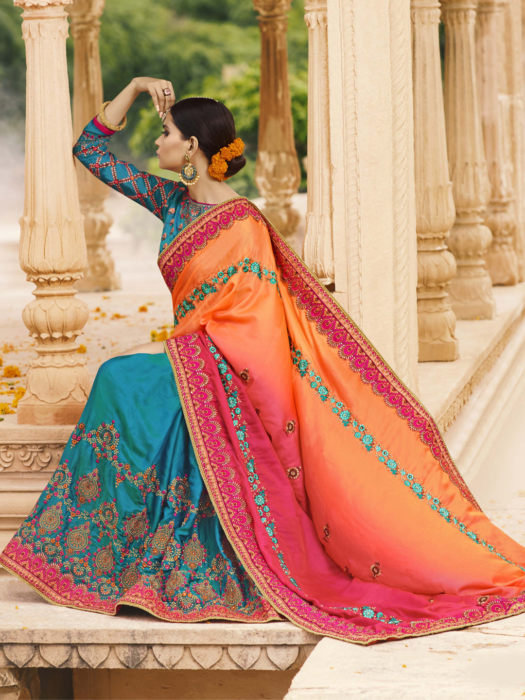 Silk Wedding Saree with Embroidered Border in Pink and Orange Blue color-81841