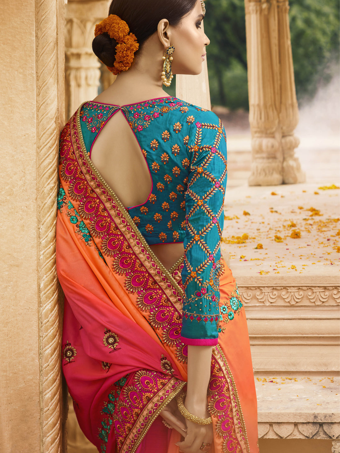 Silk Wedding Saree with Embroidered Border in Pink and Orange Blue color-81841