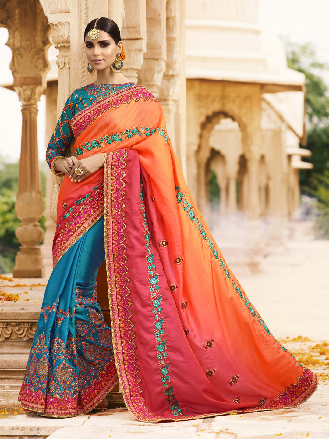 Silk Wedding Saree with Embroidered Border in Pink and Orange Blue color-81841