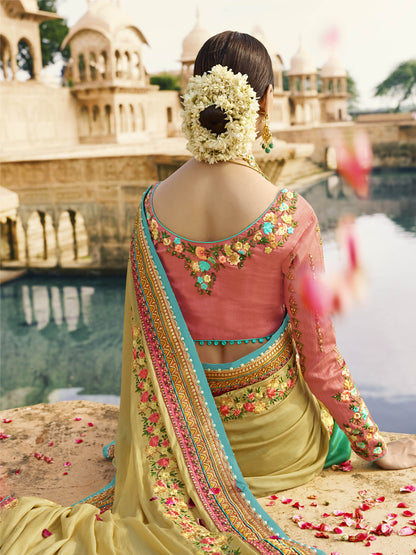 Silk Wedding Saree with Embroidered Border in Lemon Yellow color-81844