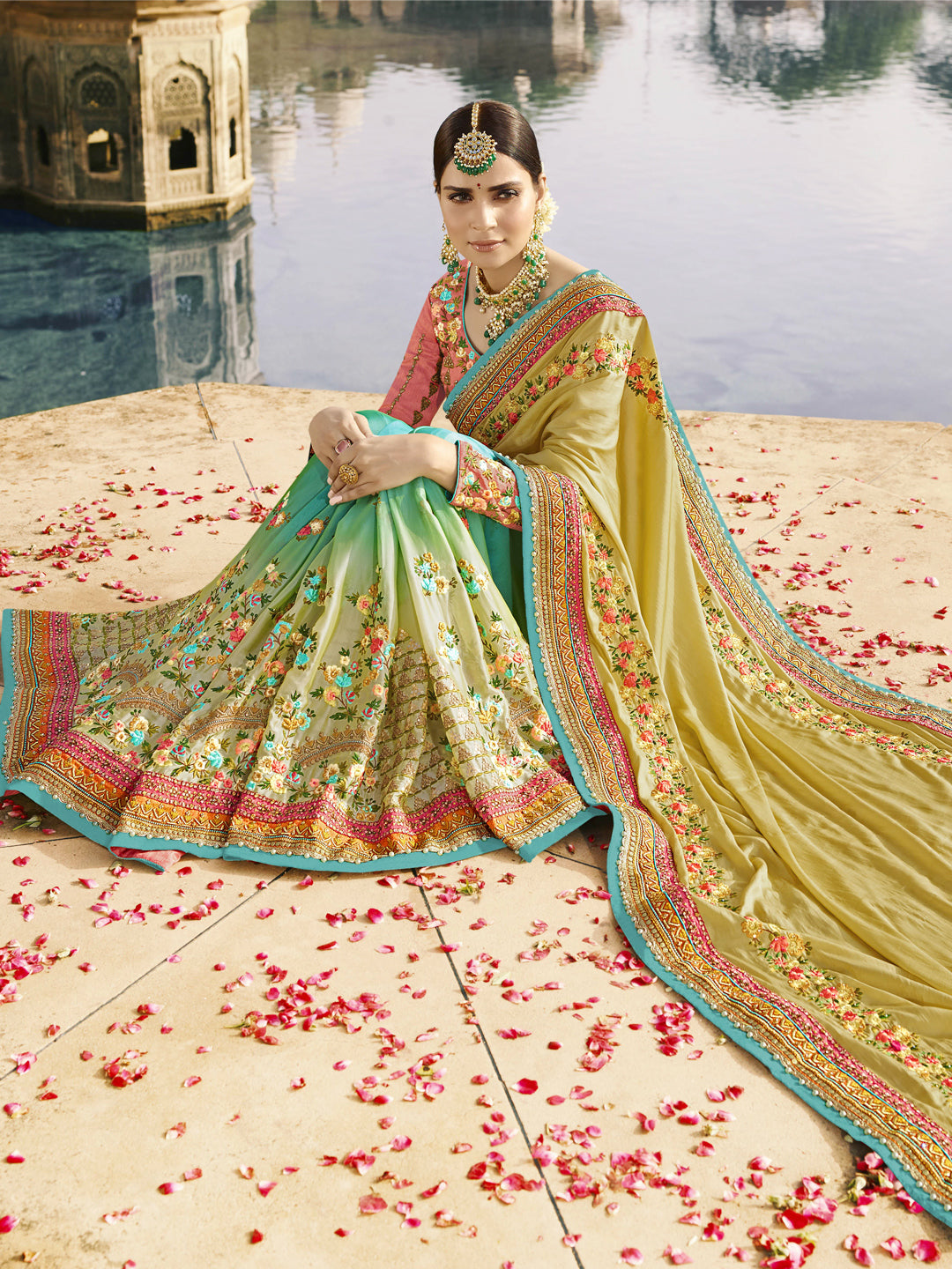 Silk Wedding Saree with Embroidered Border in Lemon Yellow color-81844