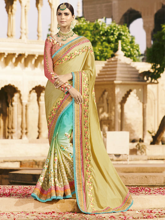 Silk Wedding Saree with Embroidered Border in Lemon Yellow color-81844