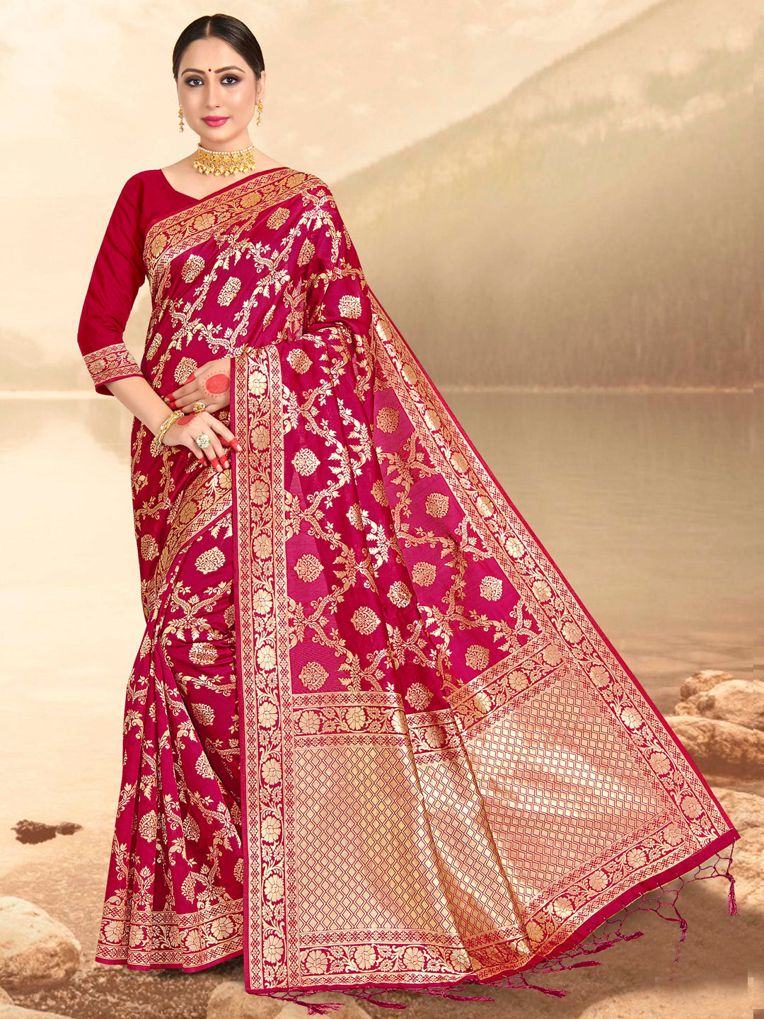 Weaving Lichi Bindi Silk Partywear Traditional Saree In Pink Color-81555