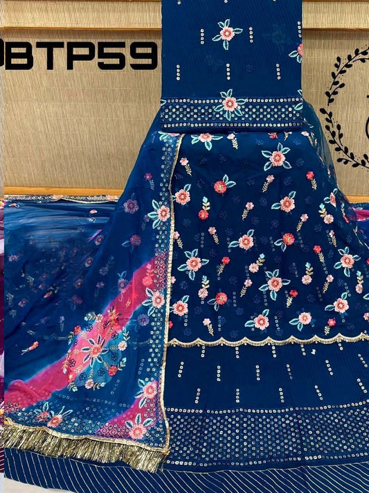 Sequence Blooming Georgette Traditional Wedding Rajputi Poshak In Blue Color-61038