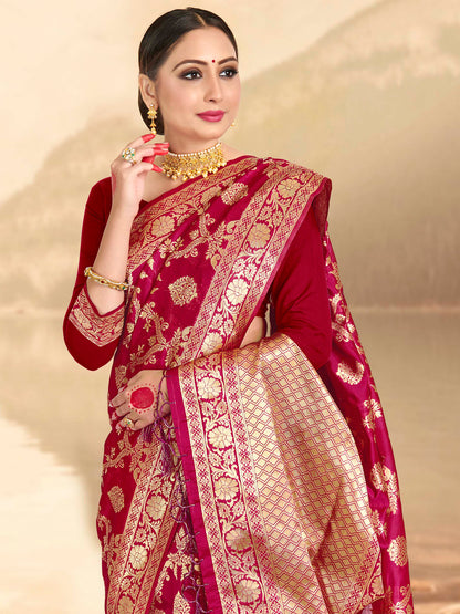 Weaving Lichi Bindi Silk Partywear Traditional Saree In Pink Color-81555