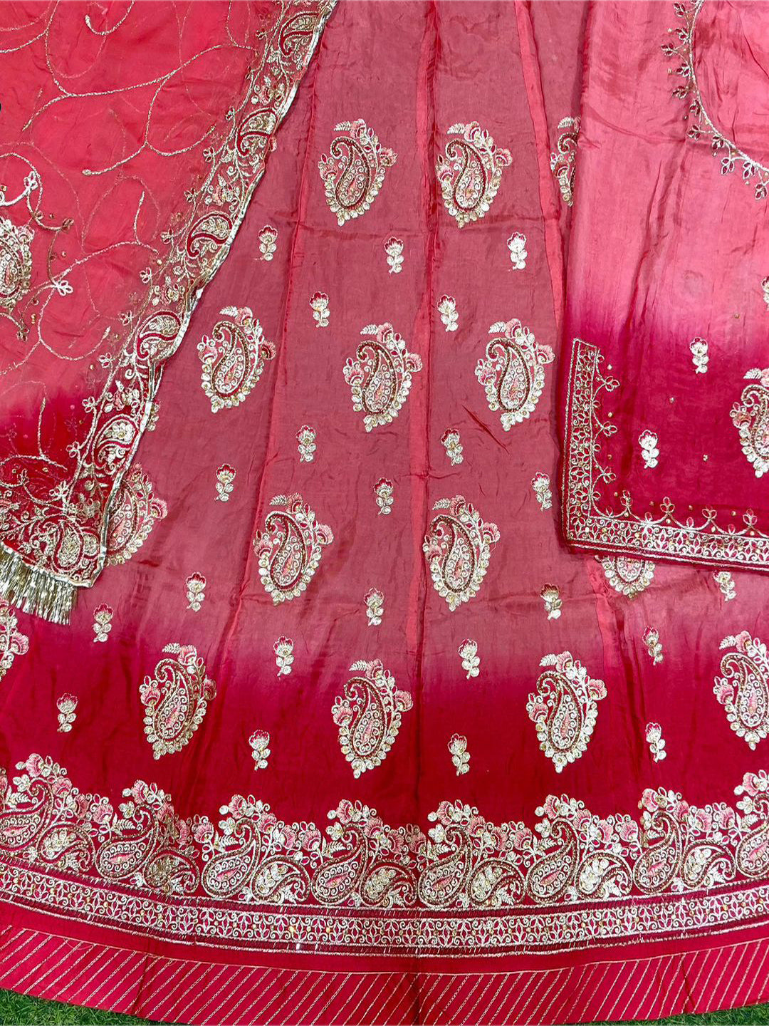 Hand Crystal Upada Silk Traditional Double Shaded Wedding Rajputi Poshak In Peach Color-81943