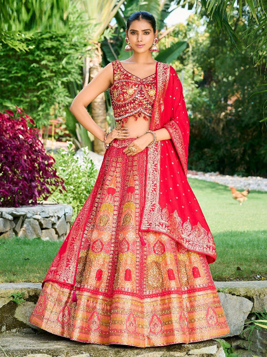Embroidered Silk Bridal Lehenga in Red color-81804