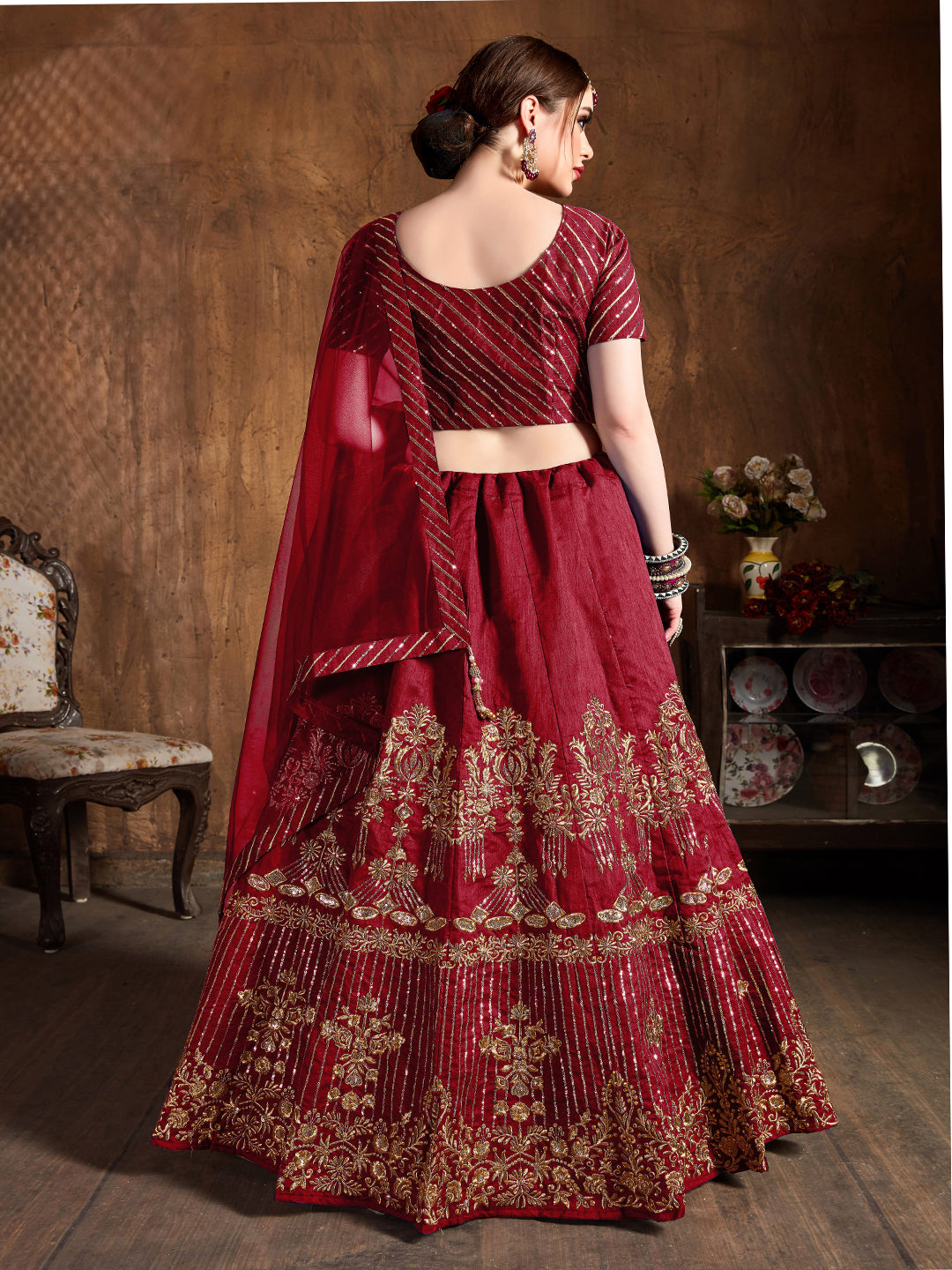 Art Silk Engagement Sangeet Lehenga with Embroidered work in Red color-82111