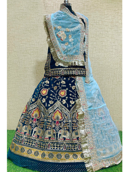 Velvet and Humarai Pure Wedding Sangeet Zari Work Rajputi Poshak In Blue Color-61140