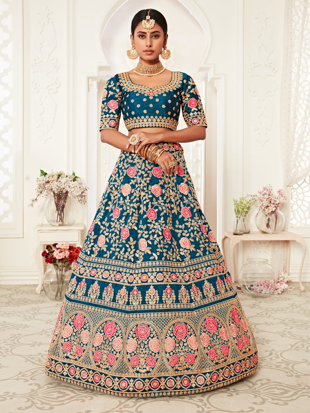 Slub Silk Bridal Lehenga with Embroidered work in Blue color-82115