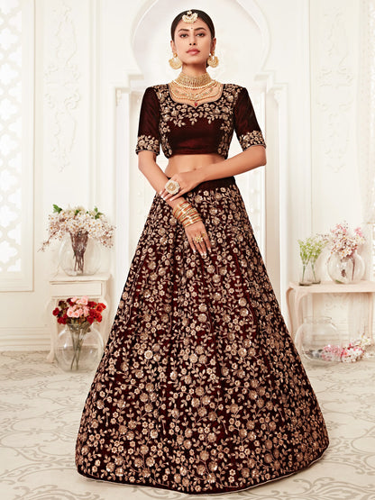 Velvet Bridal Lehenga with Embroidered work in Maroon color-82113