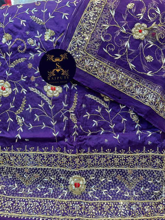 Bember Satin and Thakurgi Pure Bridal wedding Kundan dabka work Rajputi Poshak In Purple Color-81942