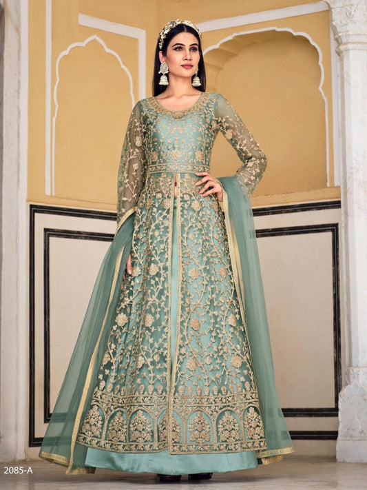Net Embroidered Bollywood Salwar Kameez in Grey with Coding & Stone work-81970