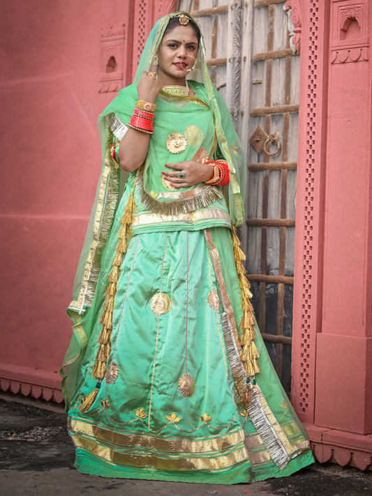 Satin and Hamrahi Pure Sangeet Gota Patti Work Rajputi Poshak In Light Green Colour-61129