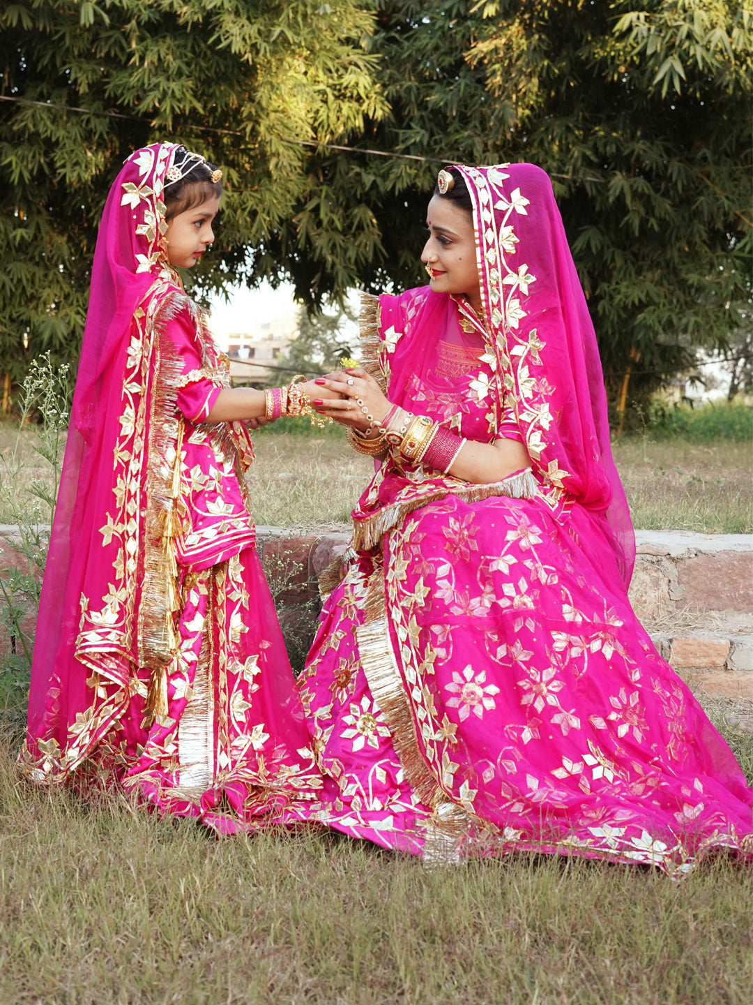 Satin Mother Daughter Wedding Gota Patti Work Semi Stitched Designer Rajputi Poshak in Pink color-81378