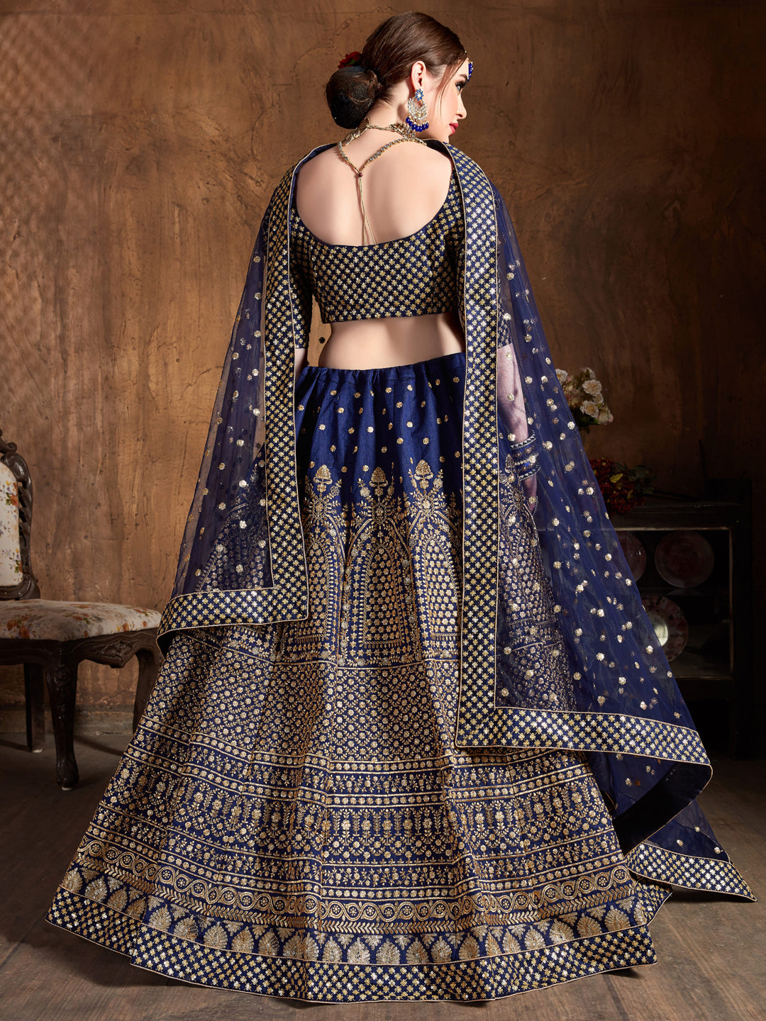 Raw Silk Engagement Sangeet Lehenga with Embroidered work in Blue color-82104