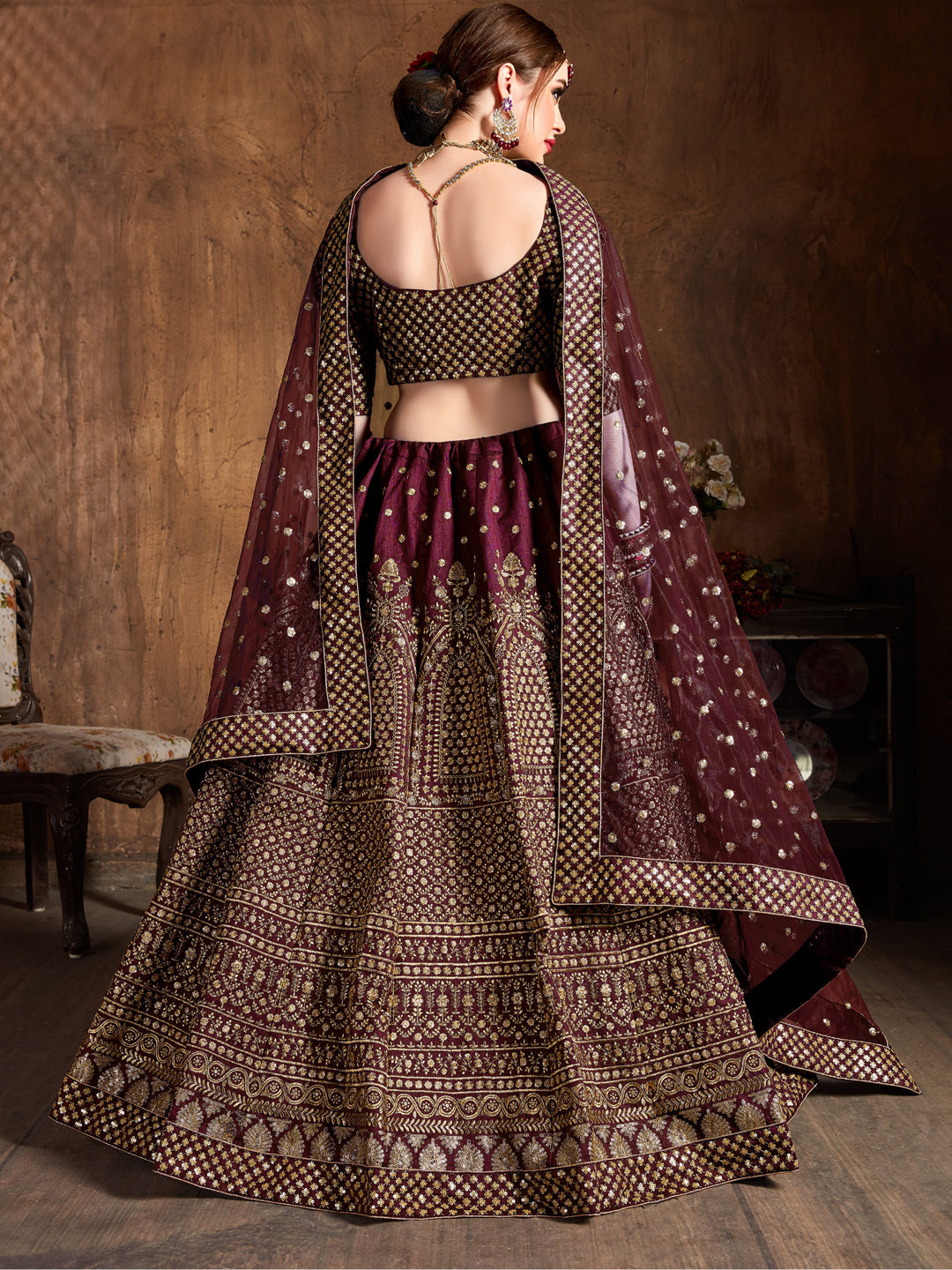 Raw Silk Engagement Sangeet Lehenga with Embroidered work in Maroon color-82105