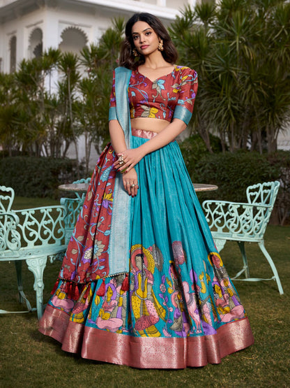 Kalamkari Printed Jacquard Silk wedding sangeet Semi-Stitched Lehenga Choli -91082