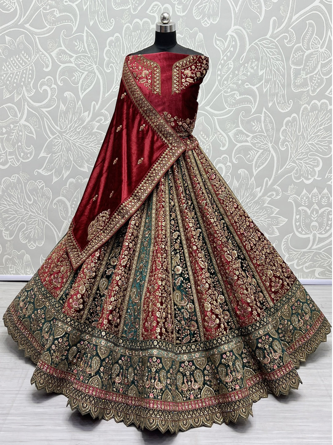 Embroidered Velvet Bridal Lehenga with Double Chunni in Multicolor-81811