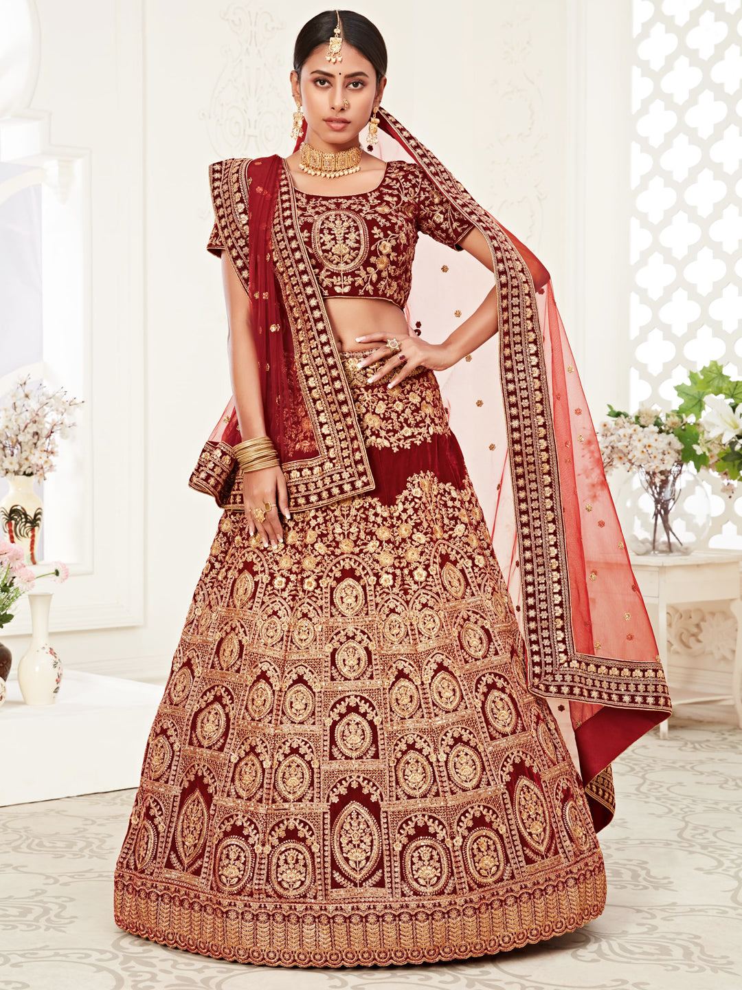 Silk Bridal Lehenga with Embroidered work in Maroon color-82122