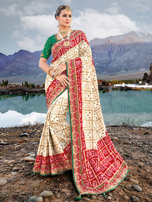 Original Mirror Pure Gjji Bandhej Printed Wedding Bridal Saree In Cream Color-81662