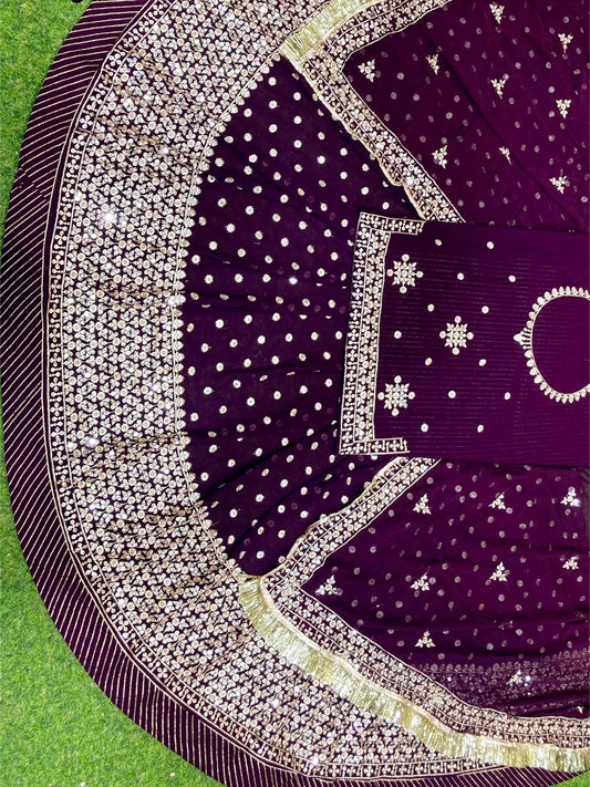Tikki Sequence Blooming Georgette Traditional Full Gher Wedding Rajputi Poshak In Purple Color-81937