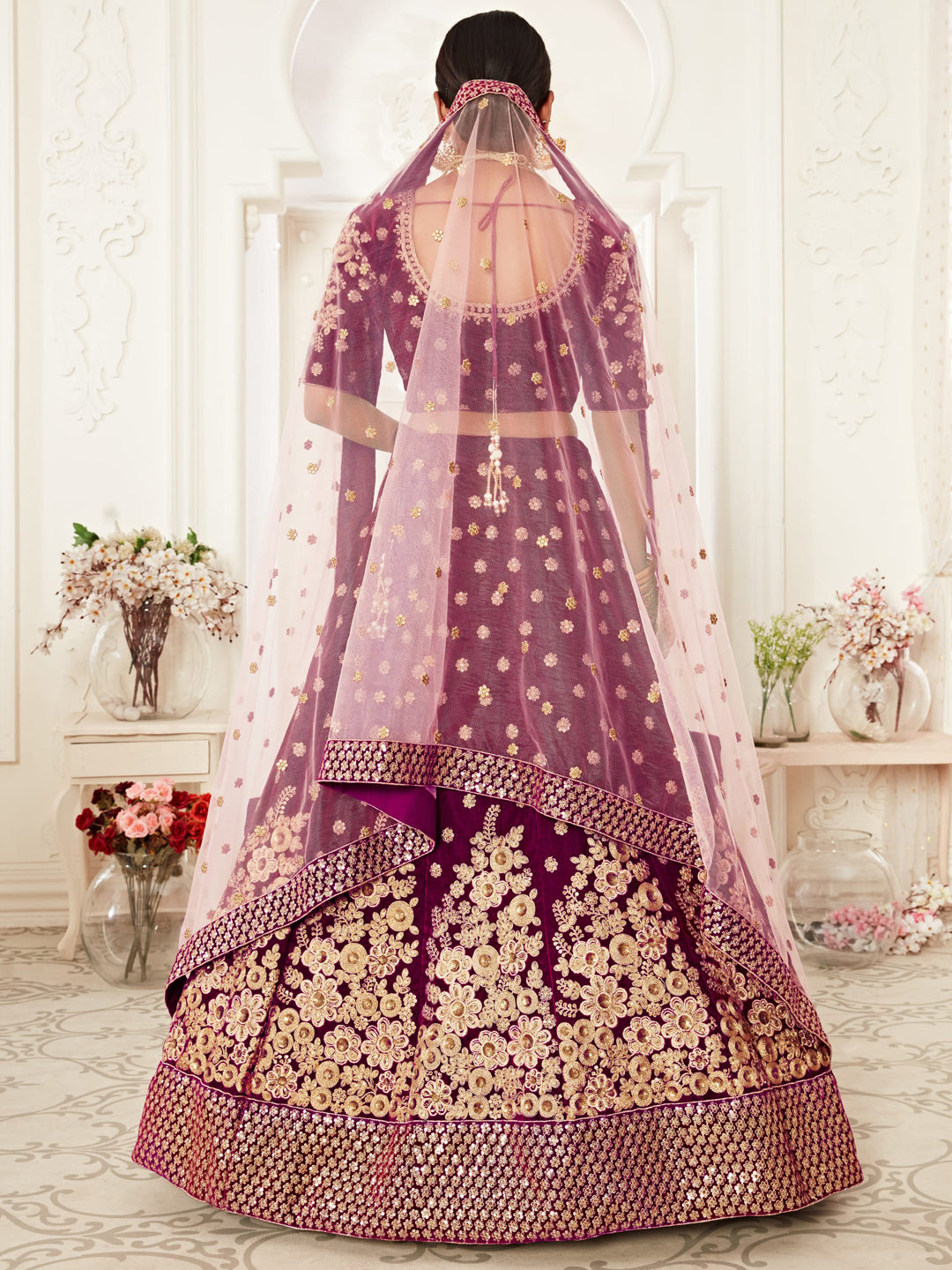 Velvet Bridal Lehenga with Embroidered work in Purple color-82114