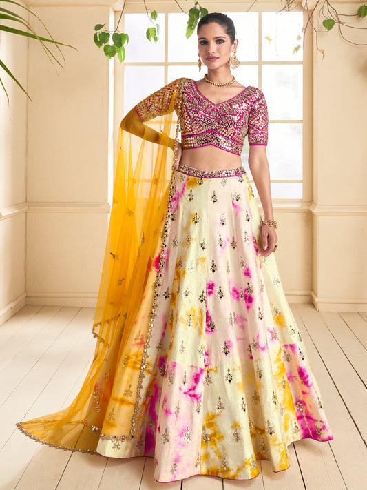 Embroidered Silk Georgette Sangeet Mehedi Lehenga in Off-White Color-81350