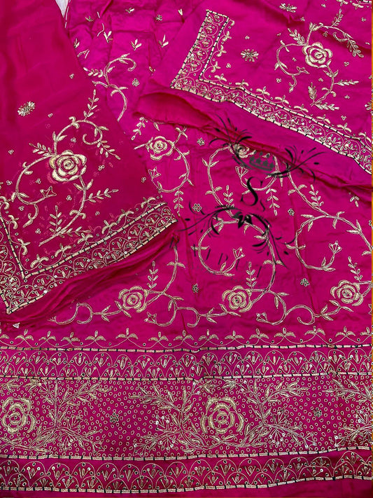 Bember Satin and Thakurgi Pure Bridal wedding Kundan dabka work Rajputi Poshak In Pink Color-81952