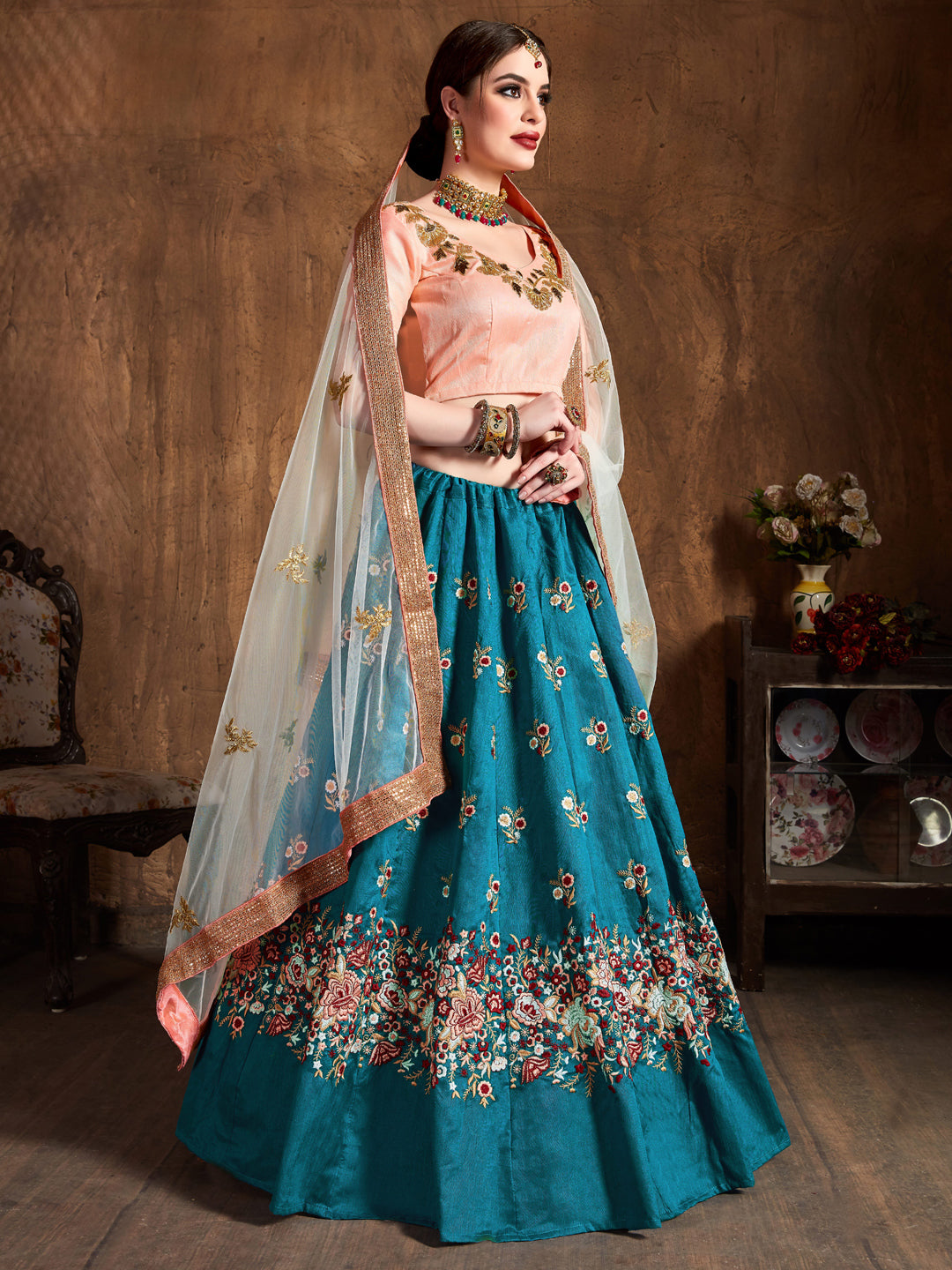 Raw Silk Engagement Sangeet Lehenga with Embroidered work in Blue color-82099