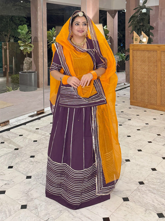 Cotton Gujarati Pattern Dandiya Rai Bandhej Print Un-Stitched Rajputi Poshak in Purple color-81375