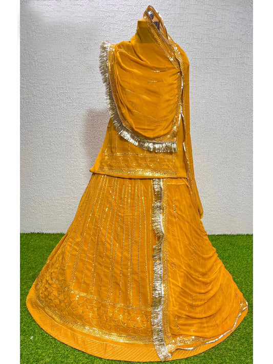 Resham and Stone Blooming Georgette Sangeet Rajputi Poshak In Yellow Color-81840