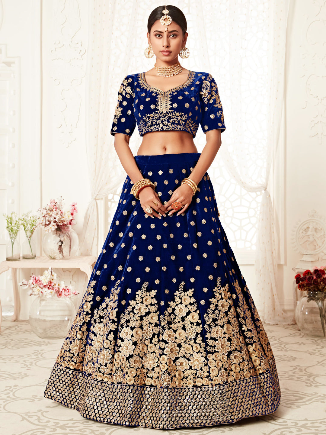 Velvet Bridal Lehenga with Embroidered work in Blue color-82116