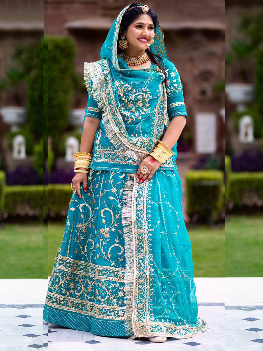 Gotta Patti Humrahi Pure Wedding Sangeet Rajputi Poshak In Blue Color Saundaryam Fashions