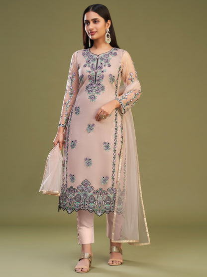 Thread Embroidered Banglori Silk and Net Salwar Kameez in Peach Color-81599