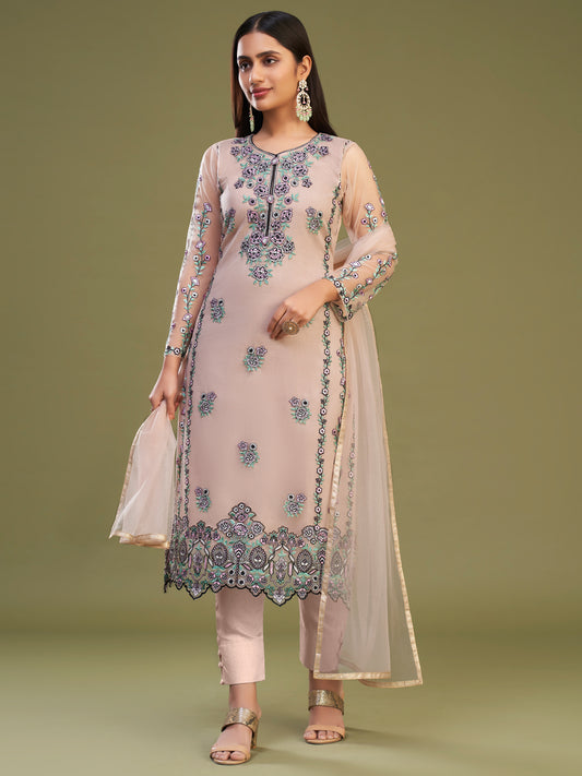 Thread Embroidered Banglori Silk and Net Salwar Kameez in Peach Color-81599